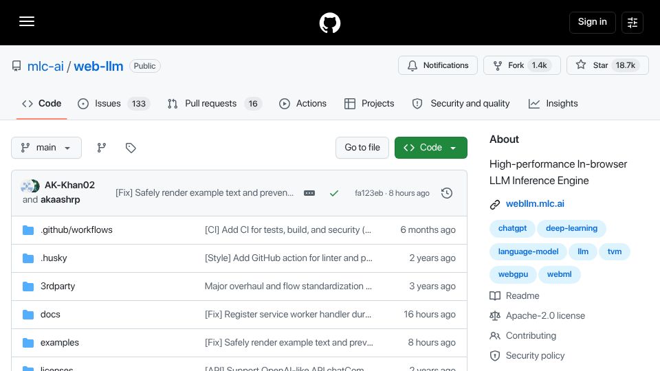 Screenshot of github.com: WebLLM: high-performance in-browser LLM inference engine