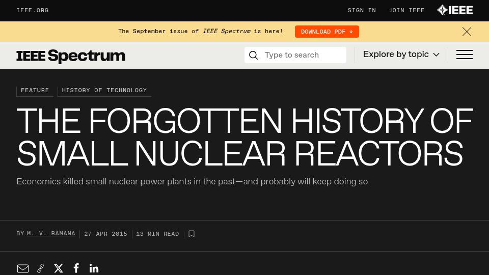 Screenshot of spectrum.ieee.org: Forgotten History of Small Nuclear Reactors (2015)