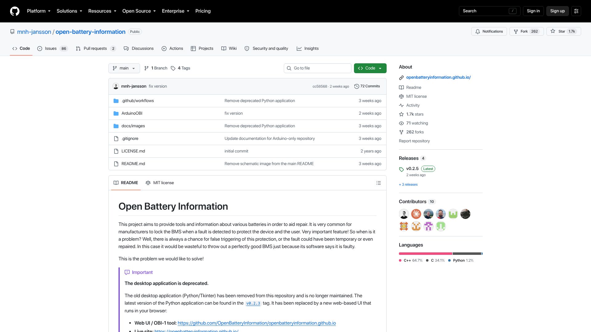 Screenshot of github.com: Open Battery Information