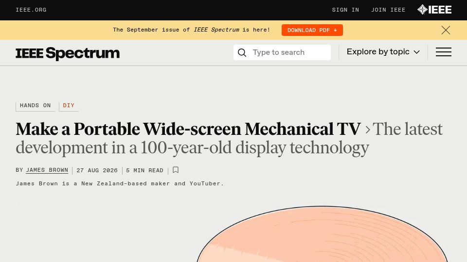 Screenshot of spectrum.ieee.org: Make a Portable Wide-screen Mechanical TV