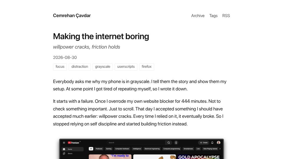 Screenshot of cemrehancavdar.com: Making the Internet Boring