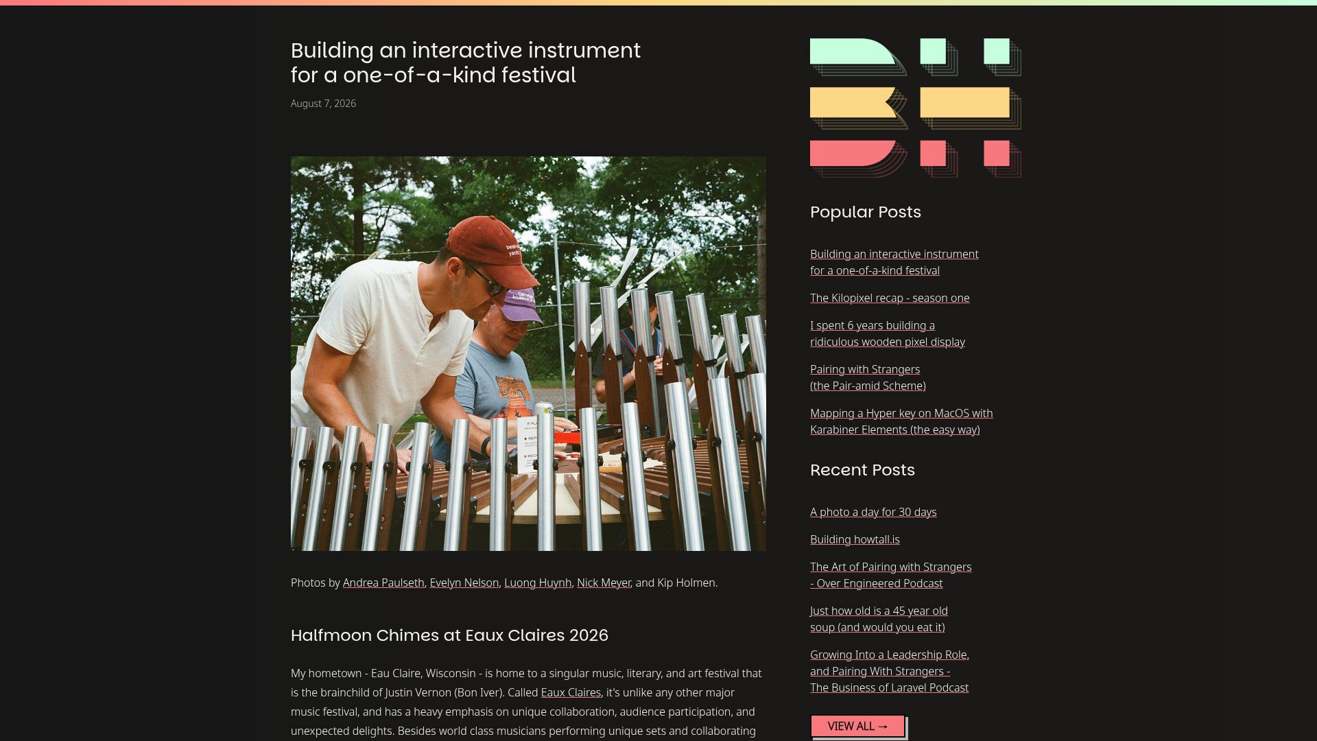 Screenshot of benholmen.com: Building an interactive instrument for a one-of-a-kind festival