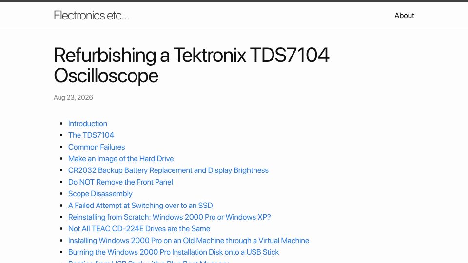 Screenshot of tomverbeure.github.io: Refurbishing a Tektronix TDS7104 Oscilloscope