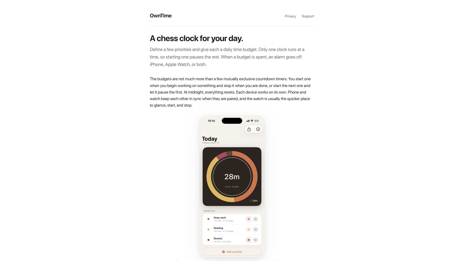 Screenshot of owntime.app: Show HN: OwnTime – a chess clock for your day's priorities
