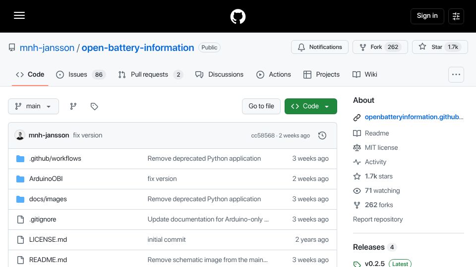 Screenshot of github.com: Open Battery Information