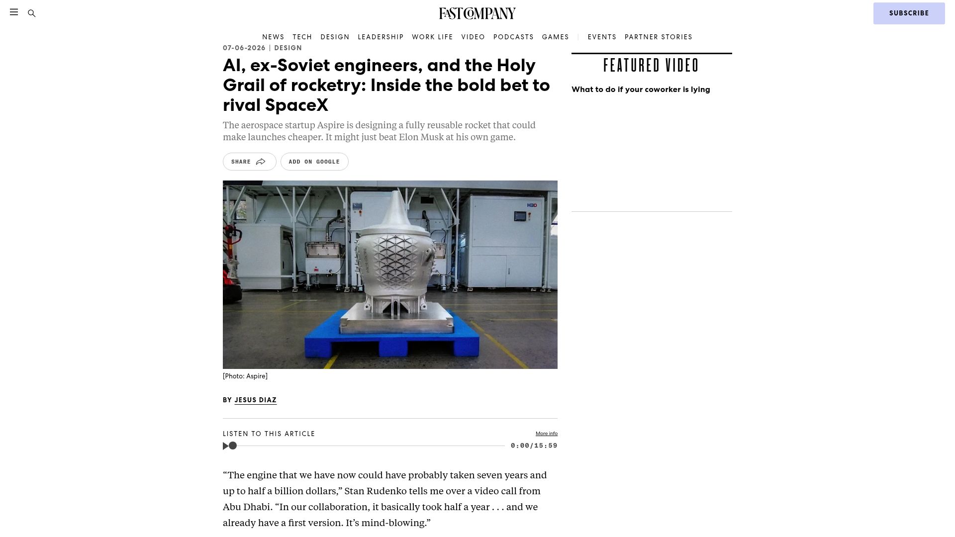 Screenshot of fastcompany.com: AI, ex-Soviet engineers, and the Holy Grail of rocketry