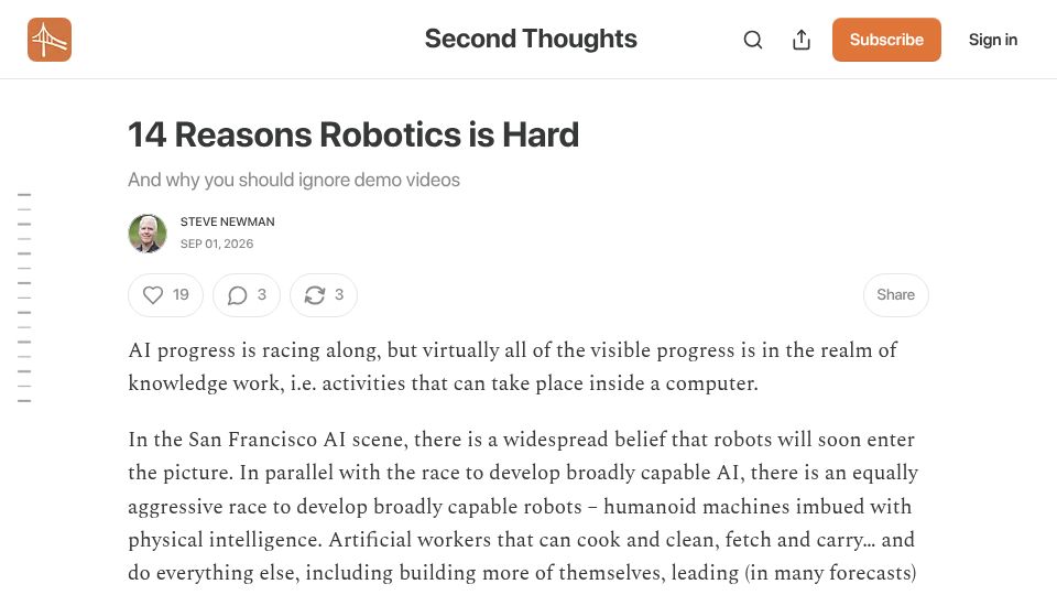 Screenshot of secondthoughts.ai: Reasons robotics is hard