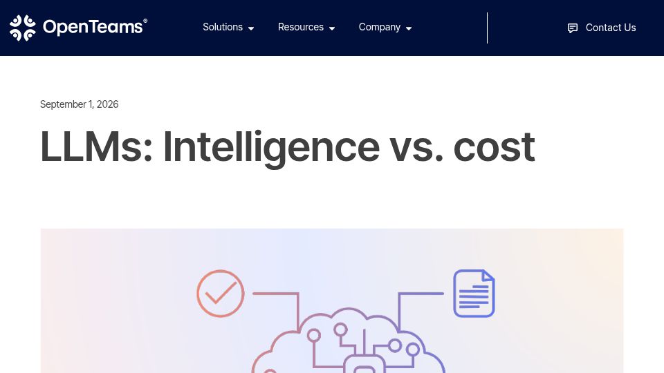 Screenshot of openteams.com: LLMs: Intelligence vs. Cost