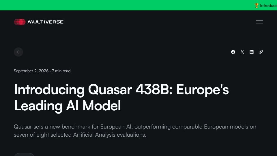Screenshot of multiversecomputing.com: Quasar 438B: Europe's Leading AI Model