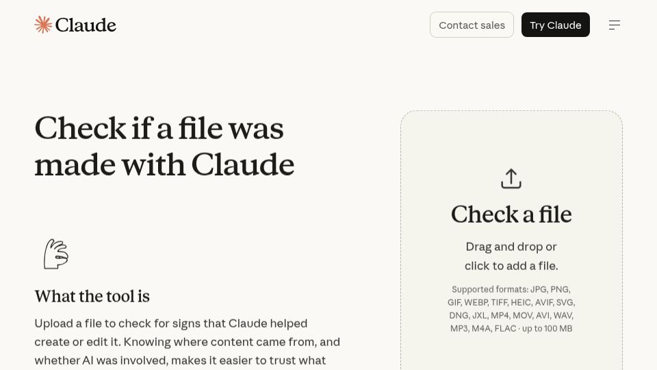 Screenshot of claude.com: Check if a file was made with Claude