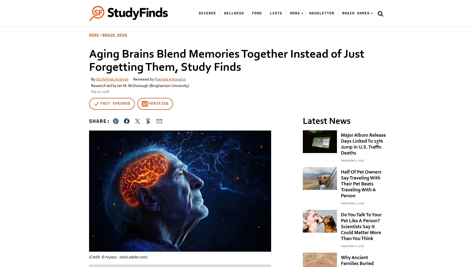 Screenshot of studyfinds.com: Aging brains blend memories together instead of just forgetting them