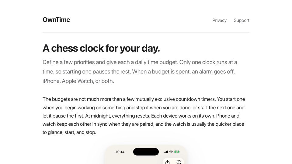 Screenshot of owntime.app: Show HN: OwnTime – a chess clock for your day's priorities