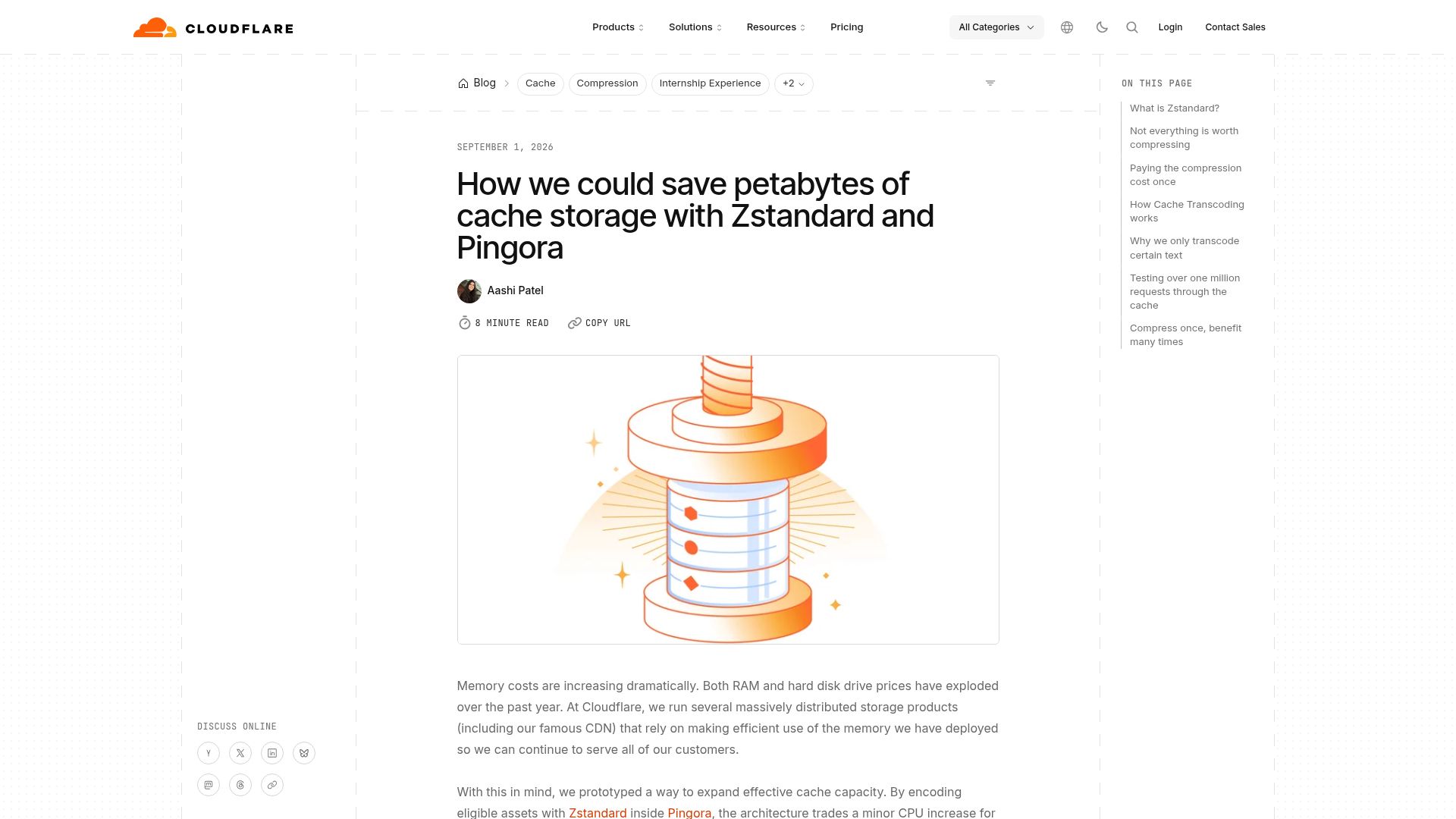 Screenshot of blog.cloudflare.com: We could save petabytes of cache storage with Zstandard and Pingora