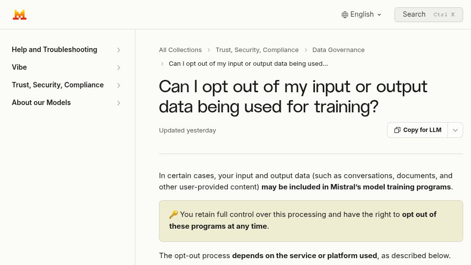 Screenshot of help.mistral.ai: Can I opt out of my input or output data being used for training?