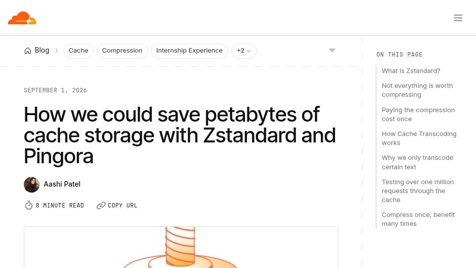 Screenshot of blog.cloudflare.com: We could save petabytes of cache storage with Zstandard and Pingora
