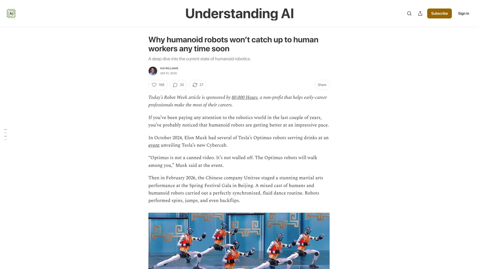Screenshot of understandingai.org: Why humanoid robots won't catch up to human workers any time soon