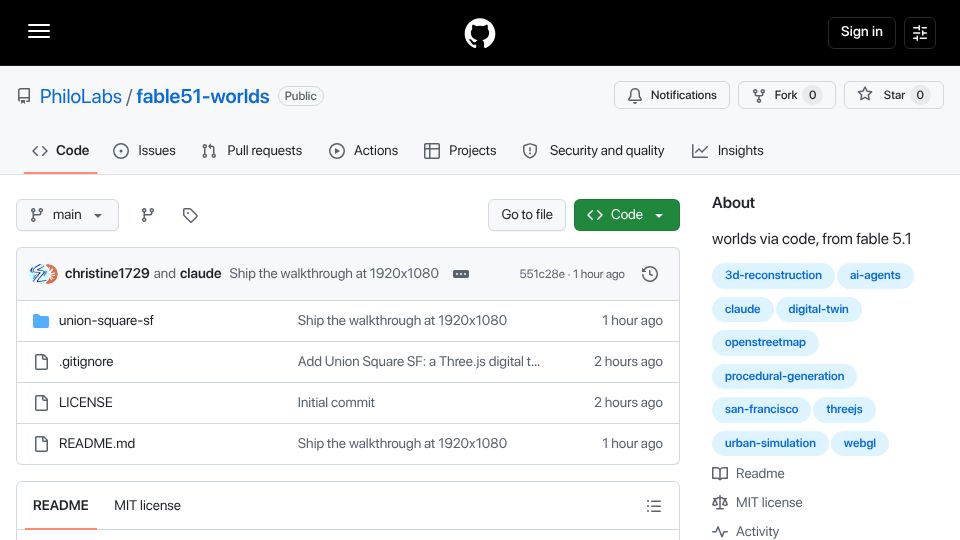 Screenshot of github.com: Fable 5.1 World Modeling