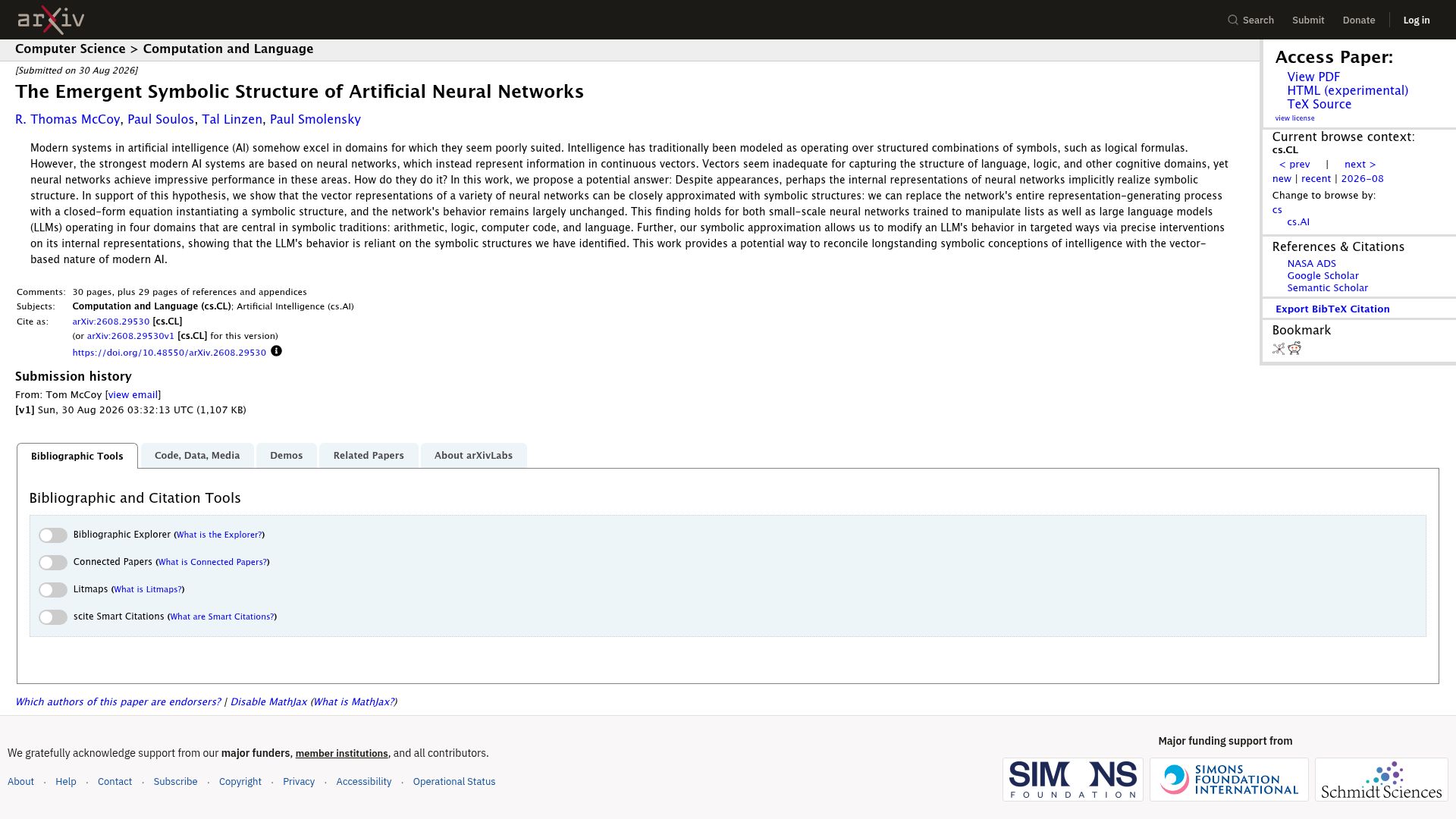 Screenshot of arxiv.org: The Emergent Symbolic Structure of Artificial Neural Networks