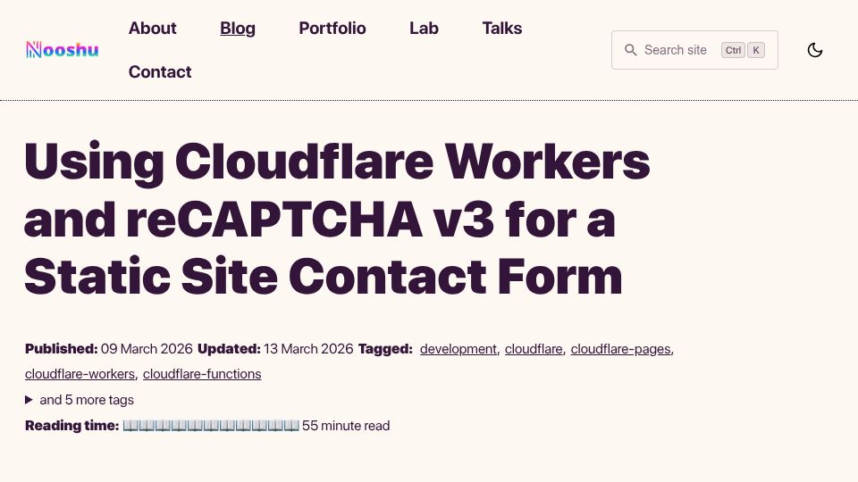Screenshot of nooshu.com: Using Cloudflare Workers and reCAPTCHA v3 for a Static Site Contact Form
