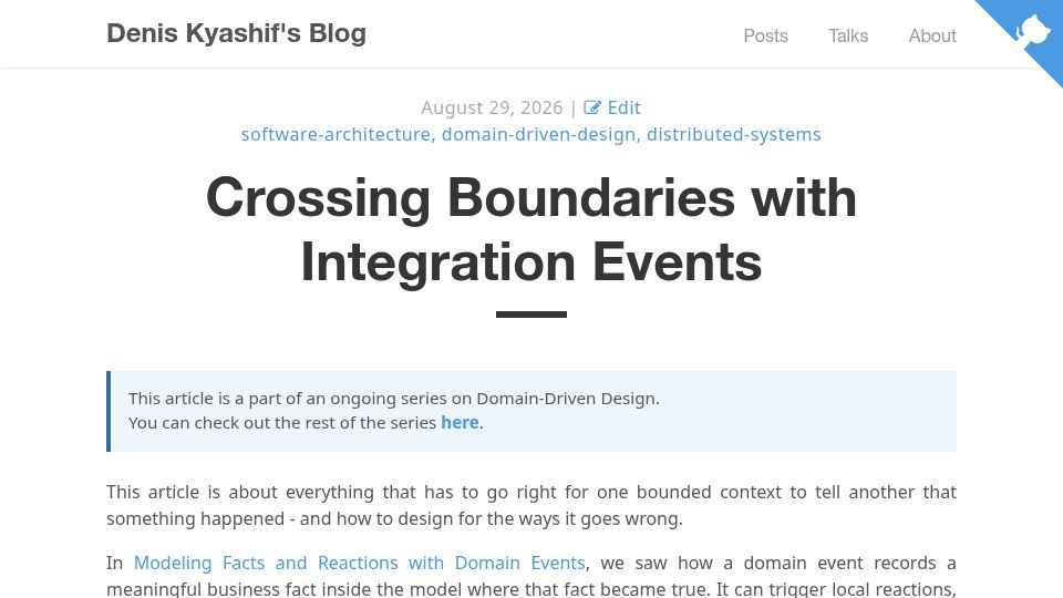 Screenshot of deniskyashif.com: Crossing Boundaries with Integration Events