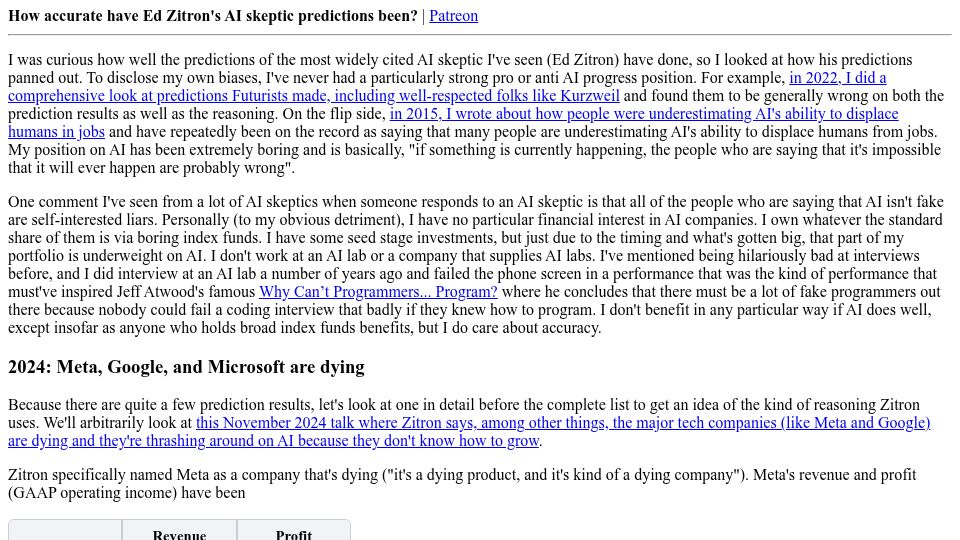Screenshot of danluu.com: How accurate have Ed Zitron's AI skeptic predictions been?