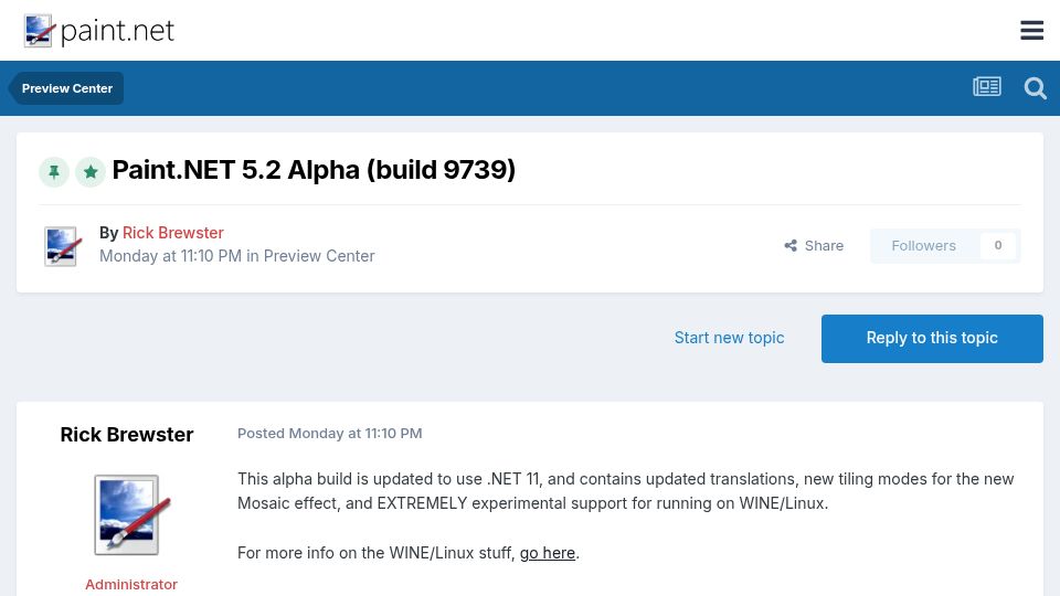 Screenshot of forums.paint.net: Paint.net 5.2 alpha now runs on Linux