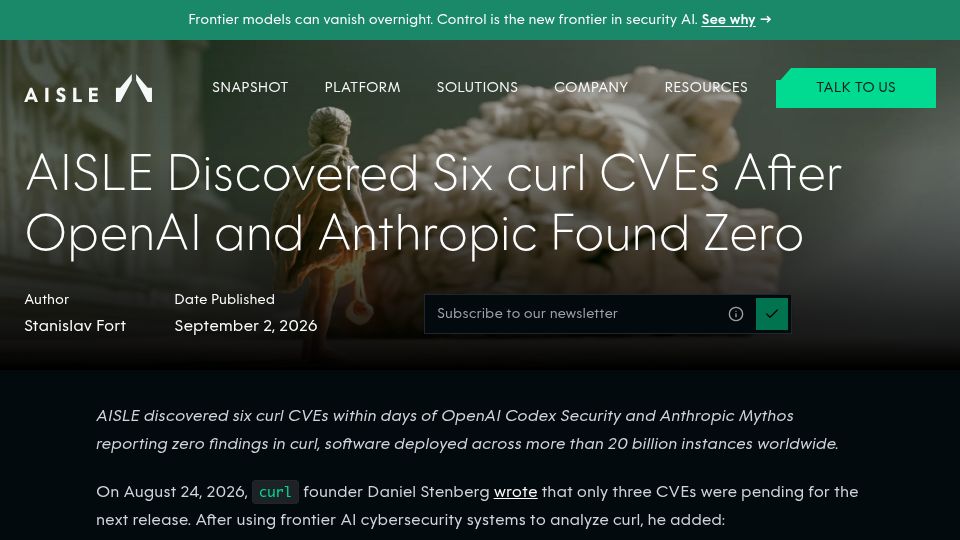 Screenshot of aisle.com: Six curl CVEs after OpenAI and Anthropic came back with zero
