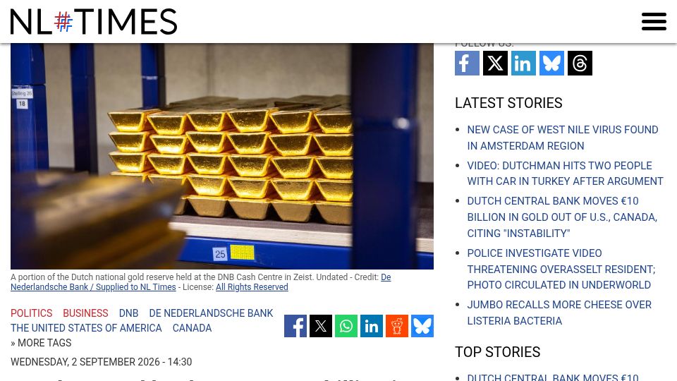Screenshot of nltimes.nl: Dutch central bank moves share of gold from U.S., Canada to London