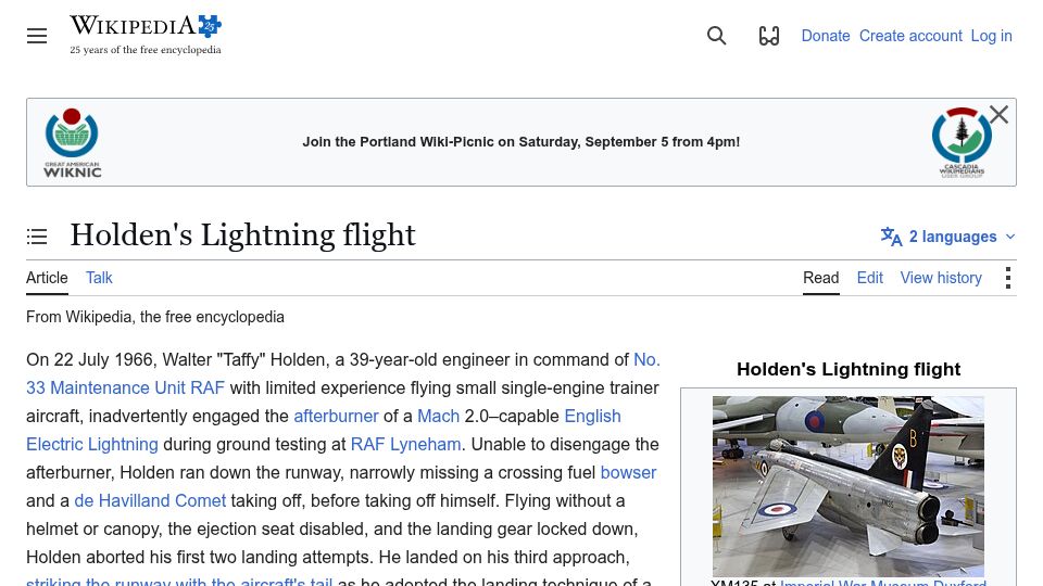 Screenshot of en.wikipedia.org: Holden's Lightning Flight
