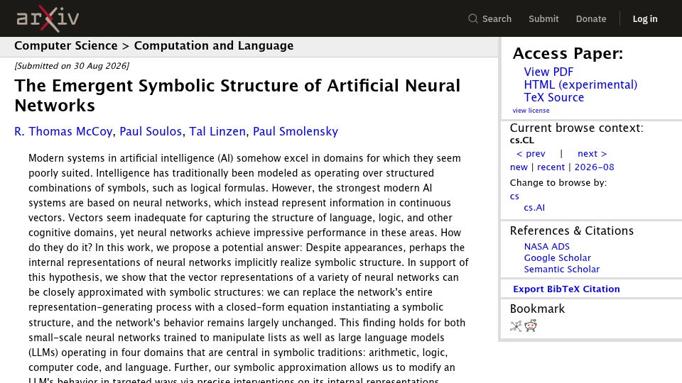 Screenshot of arxiv.org: The Emergent Symbolic Structure of Artificial Neural Networks
