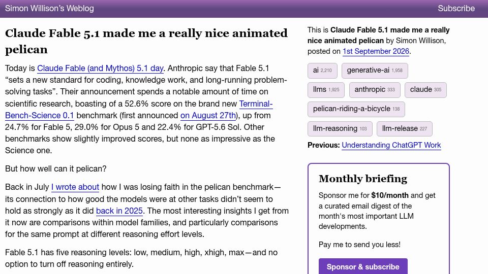 Screenshot of simonwillison.net: Claude Fable 5.1 made me a nice animated pelican