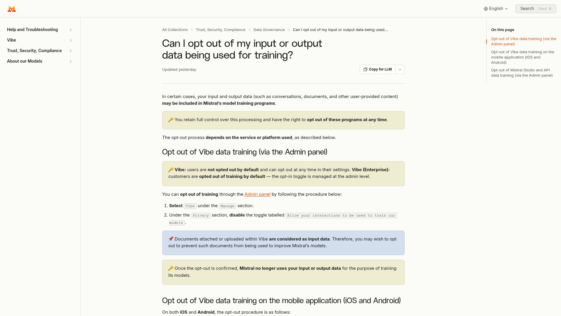 Screenshot of help.mistral.ai: Can I opt out of my input or output data being used for training?