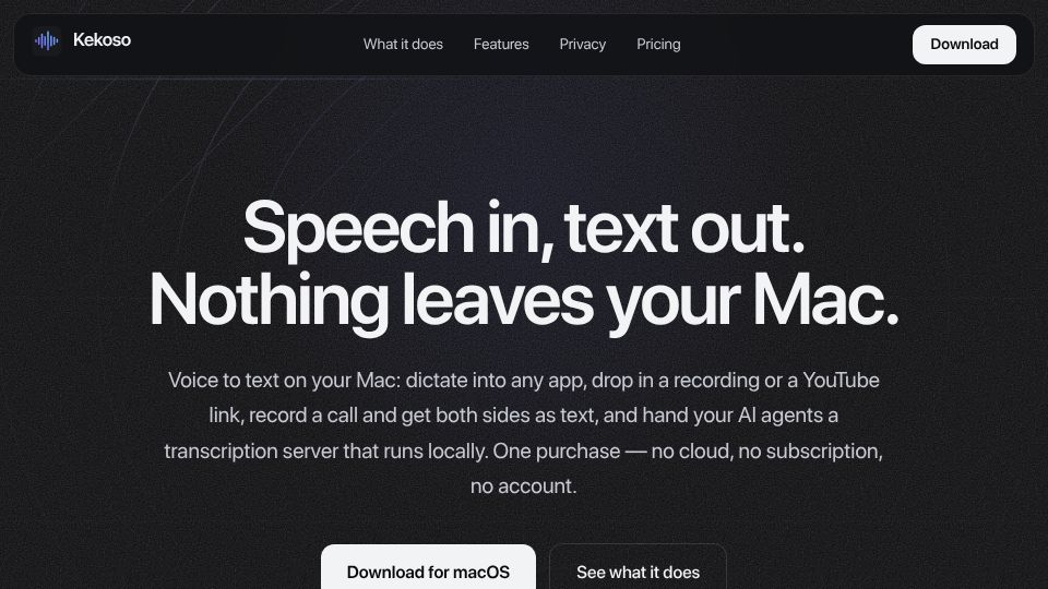 Screenshot of kekoso.app: Show HN: Kekoso – On-device dictation and transcription for macOS