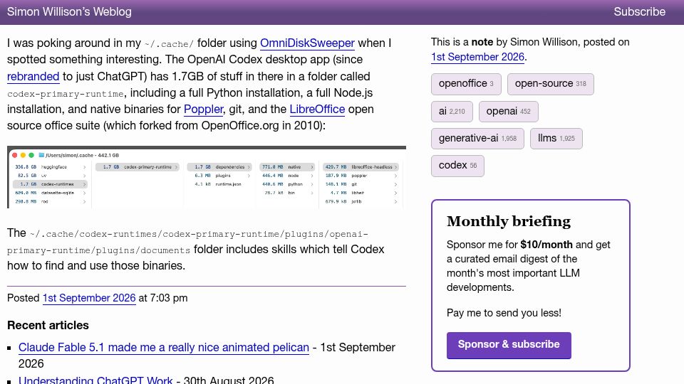 Screenshot of simonwillison.net: The ChatGPT/Codex app bundles a full copy of LibreOffice