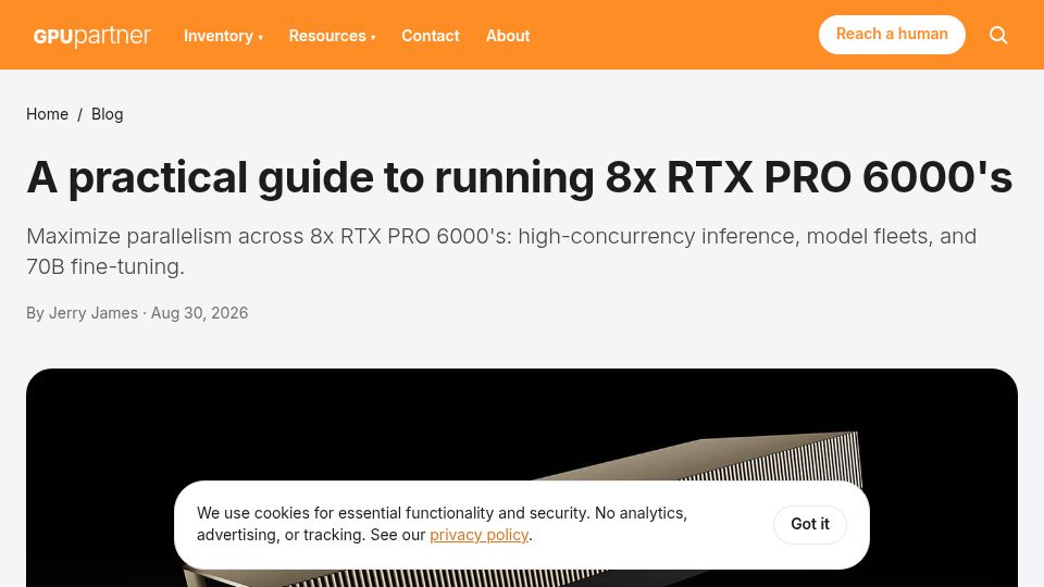 Screenshot of gpupartner.com: A practical guide to running 8x RTX PRO 6000's