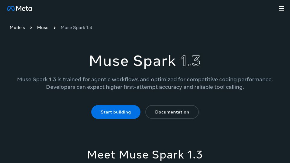 Screenshot of developer.meta.com: Muse Spark 1.3