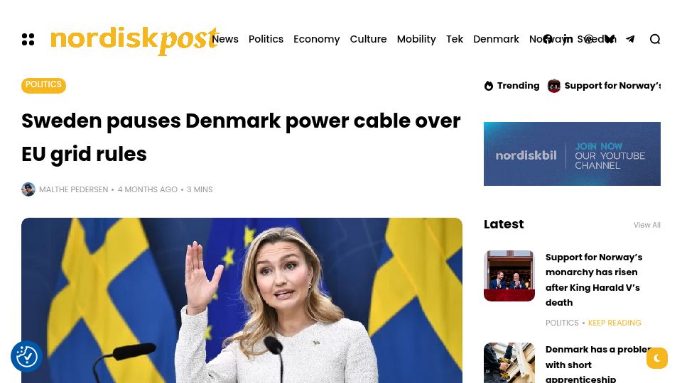 Screenshot of nordiskpost.com: Sweden pauses Denmark power cable over EU grid rules