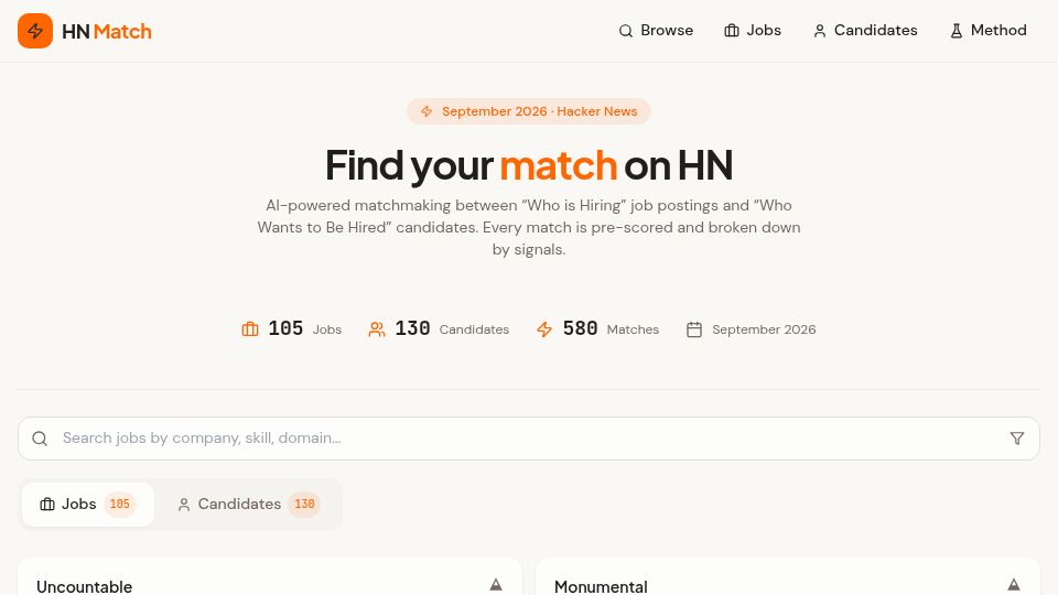 Screenshot of hnmatchmaker.com: Show HN: HN Match Maker – Matching "Who Wants to Be Hired?" With "Who's Hiring?"