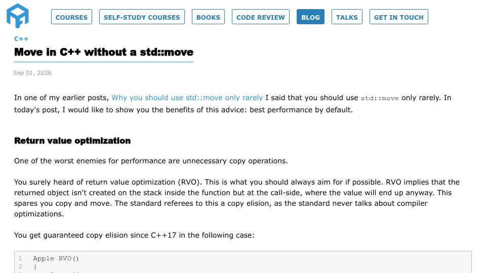 Screenshot of andreasfertig.com: Move in C++ without a std:move