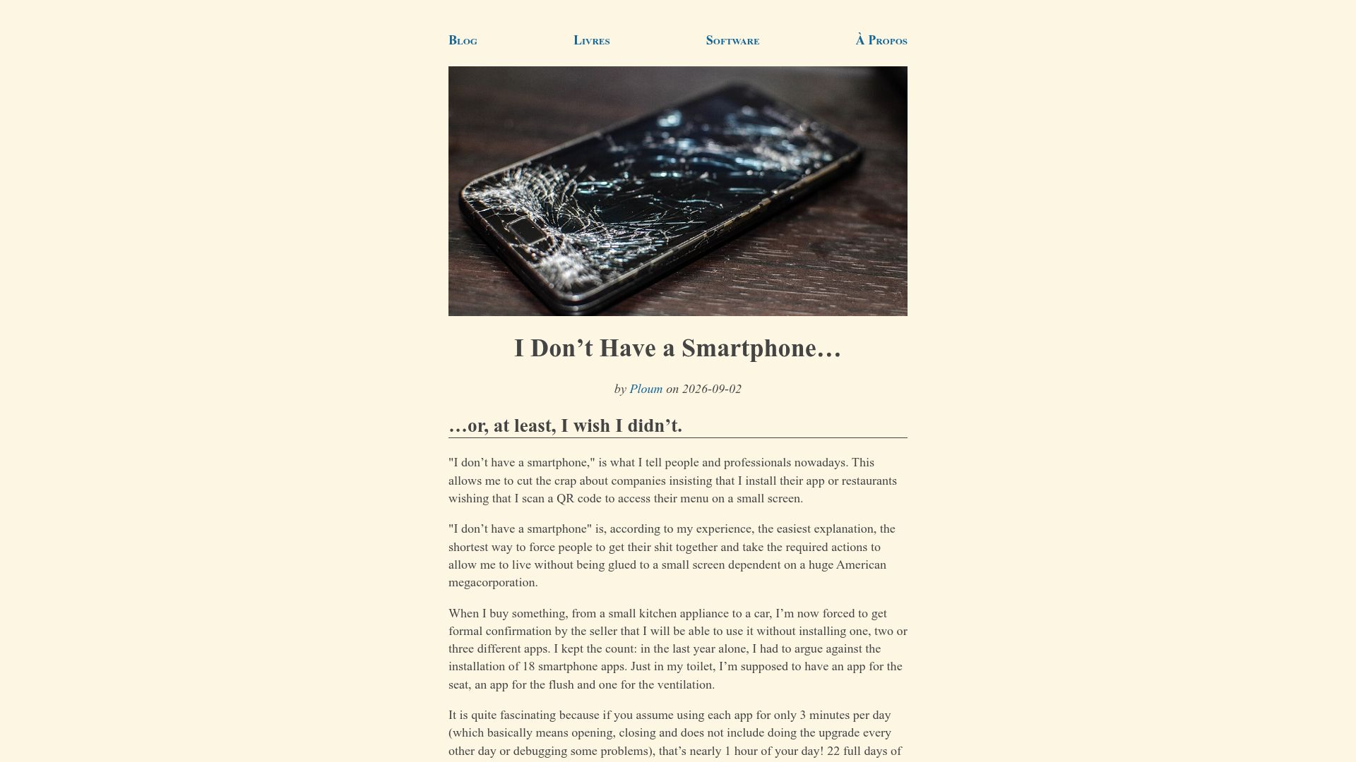 Screenshot of ploum.net: I Don't Have a Smartphone