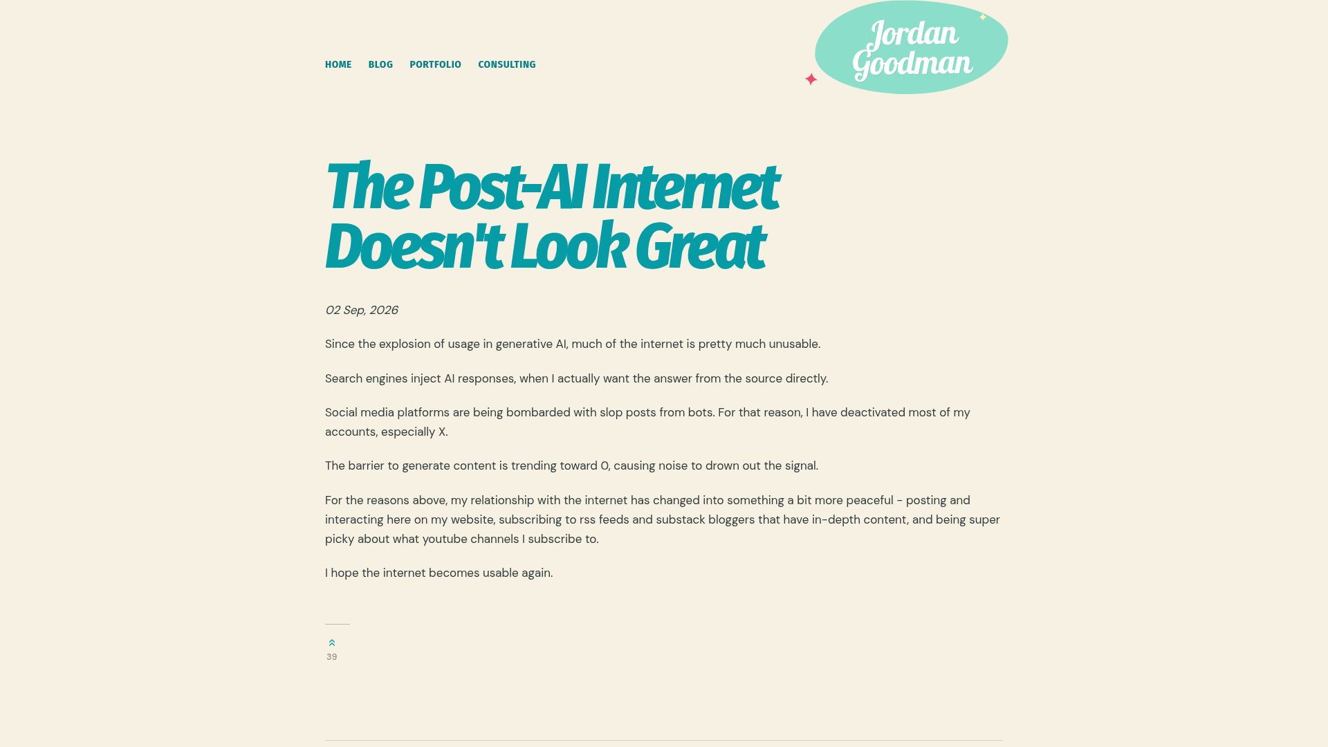 Screenshot of jordangoodman.xyz: The Post-AI Internet Doesn't Look Great