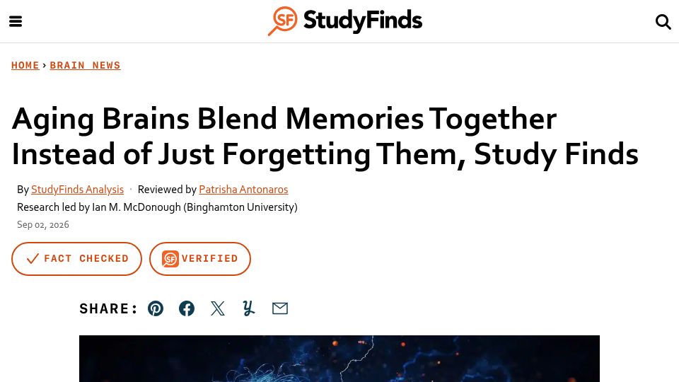 Screenshot of studyfinds.com: Aging brains blend memories together instead of just forgetting them