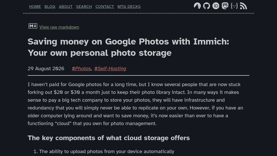 Screenshot of markpitblado.me: Saving money on Google Photos with Immich: Your own personal photo storage