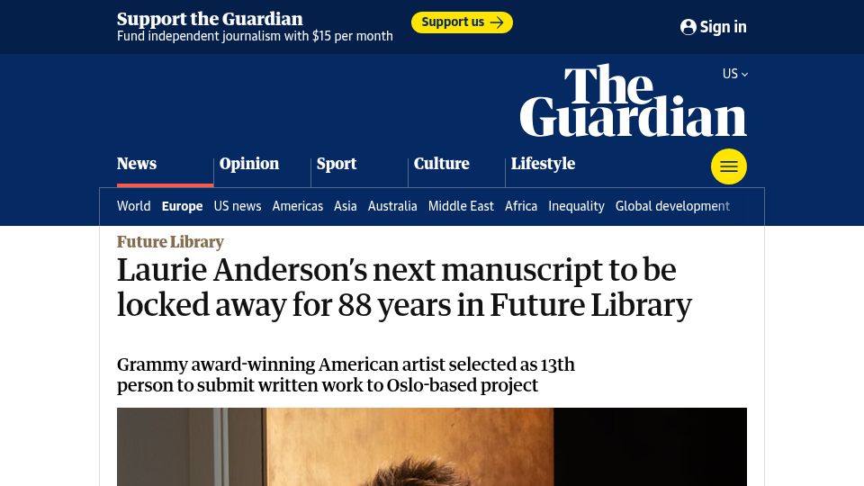 Screenshot of theguardian.com: Laurie Anderson’s next manuscript to be locked away for 88 years
