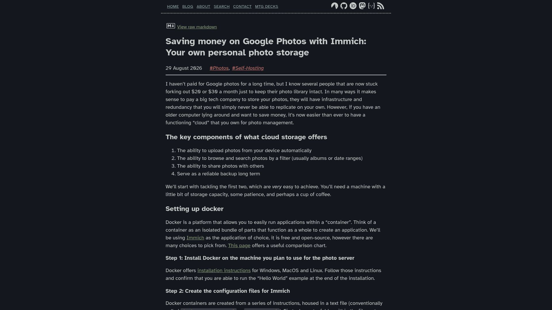 Screenshot of markpitblado.me: Saving money on Google Photos with Immich: Your own personal photo storage