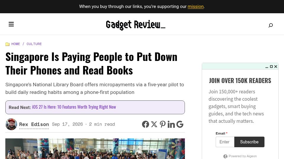 Screenshot of gadgetreview.com: Singapore’s National Library Board offers micropayments to build reading habits