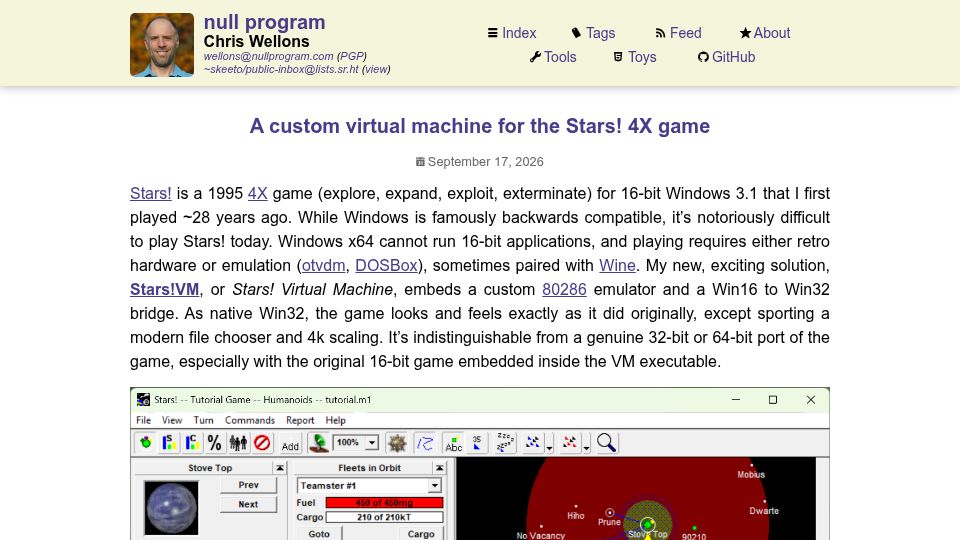 Screenshot of nullprogram.com: A custom virtual machine for the Stars 4X game