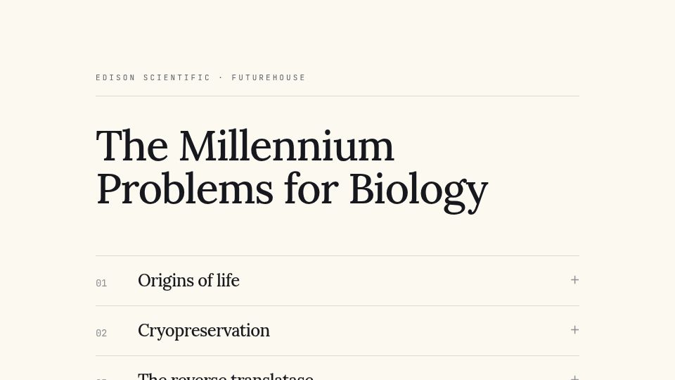 Screenshot of millenniumproblems.bio: The Millennium Problems for Biology