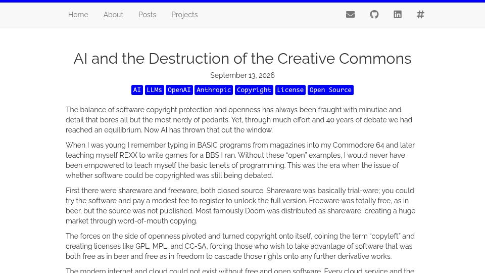 Screenshot of chesterwisniewski.com: AI and the Destruction of the Creative Commons