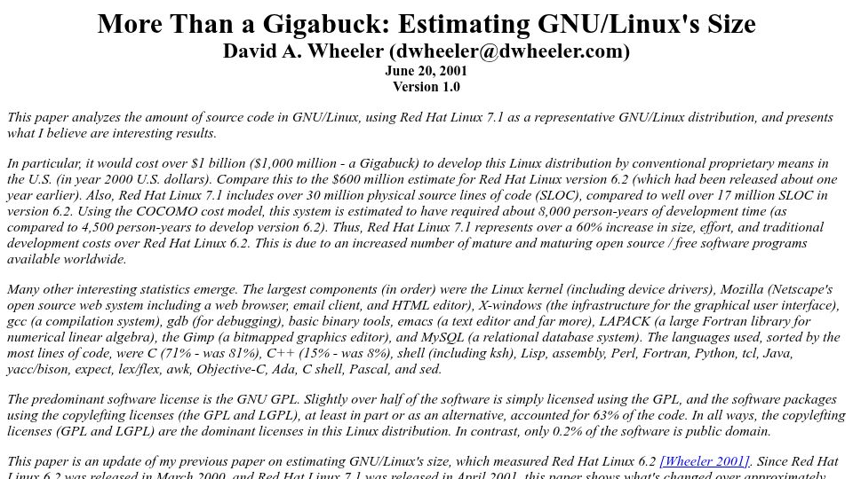 Screenshot of dwheeler.com: More Than a Gigabuck: Estimating GNU/Linux's Size (2001)